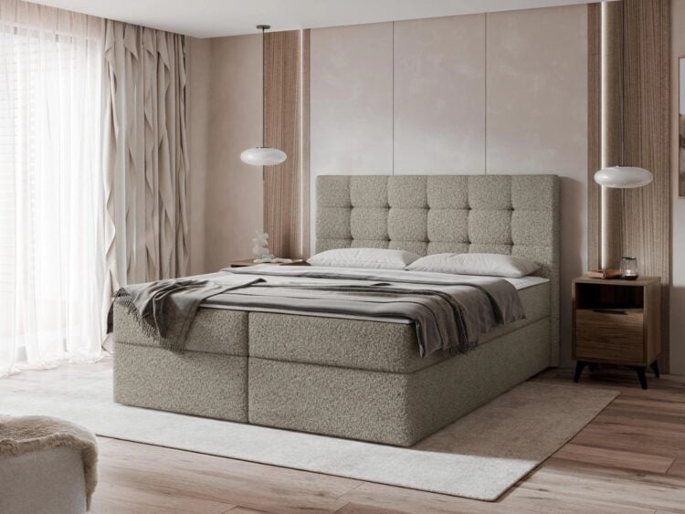 Beiges Boxspringbett mit Bouclé-Bezug, gestepptem Kopfteil und Bettkasten im Schlafzimmer