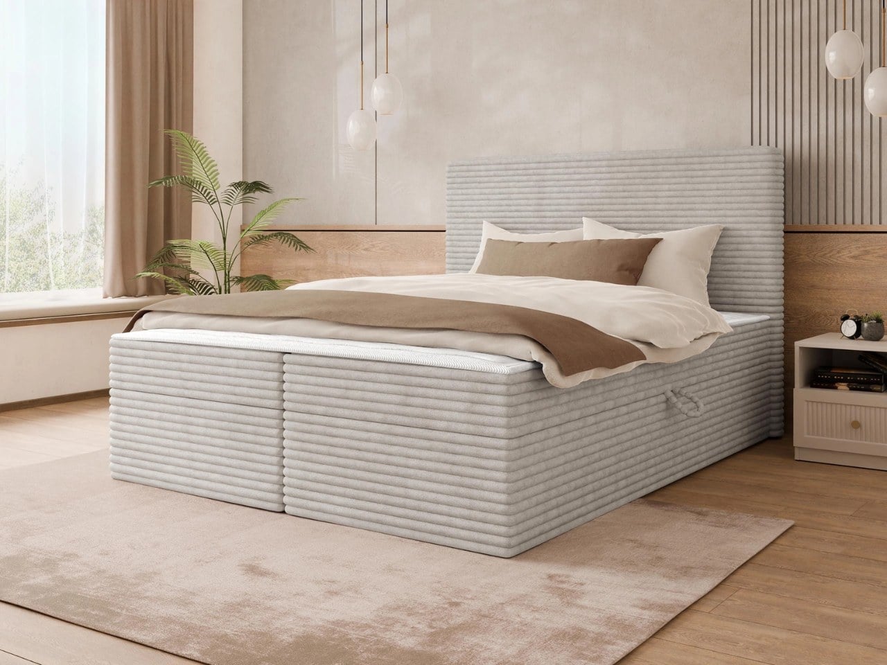 Hellgraues Boxspringbett mit Cordbezug, Bettkasten und hohem Kopfteil