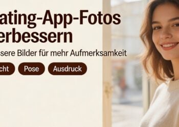 Grafik mit dem Schriftzug Dating-App-Fotos verbessern neben einer laechelnden Frau am Fenster