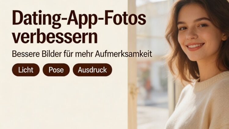 Grafik mit dem Schriftzug Dating-App-Fotos verbessern neben einer laechelnden Frau am Fenster