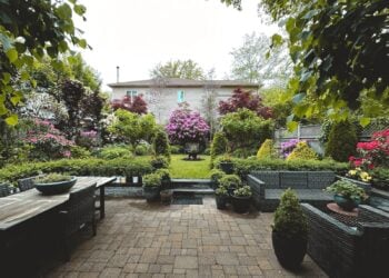 Gepflasterte Terrasse mit Esstisch und Rattan-Sitzecke vor einem Garten mit Rasen, blühenden Rhododendren und Hecken
