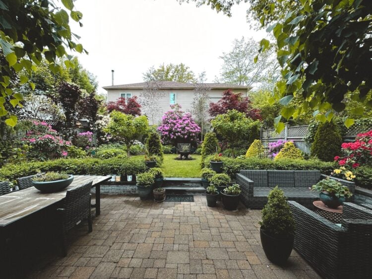 Gepflasterte Terrasse mit Esstisch und Rattan-Sitzecke vor einem Garten mit Rasen, blühenden Rhododendren und Hecken