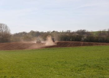 Zwei Traktoren bearbeiten ein Feld und wirbeln Staub auf, im Vordergrund eine grüne Wiese