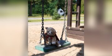 Gondula Award: Kuscheltier auf einer Schaukel auf dem Spielplatz des Jugendclubs Comet in Guben