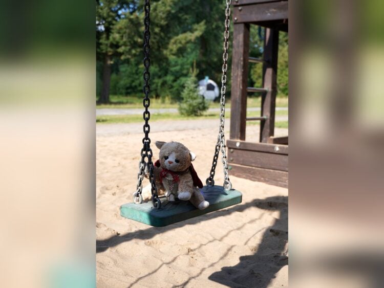 Gondula Award: Kuscheltier auf einer Schaukel auf dem Spielplatz des Jugendclubs Comet in Guben