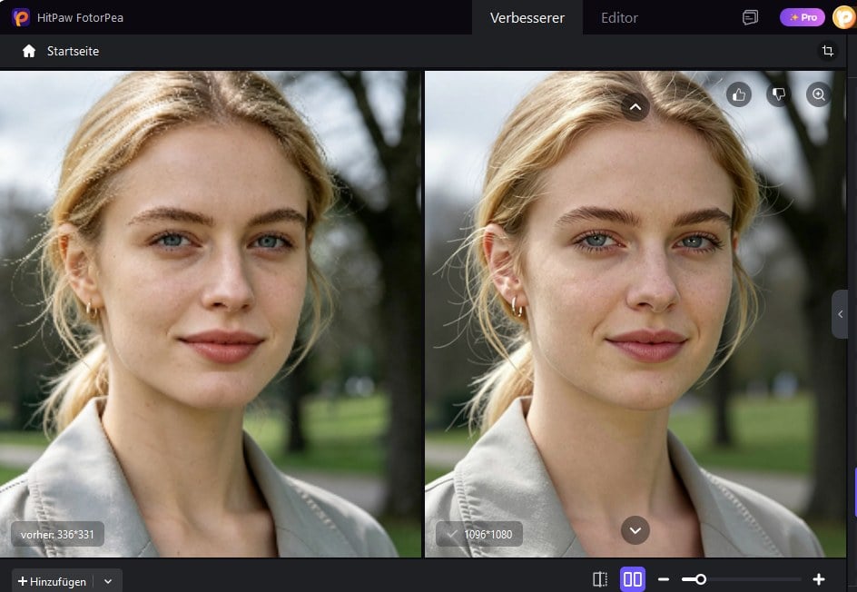 Bildschirmfoto mit dem Vergleich eines Portraets vor und nach der Bearbeitung