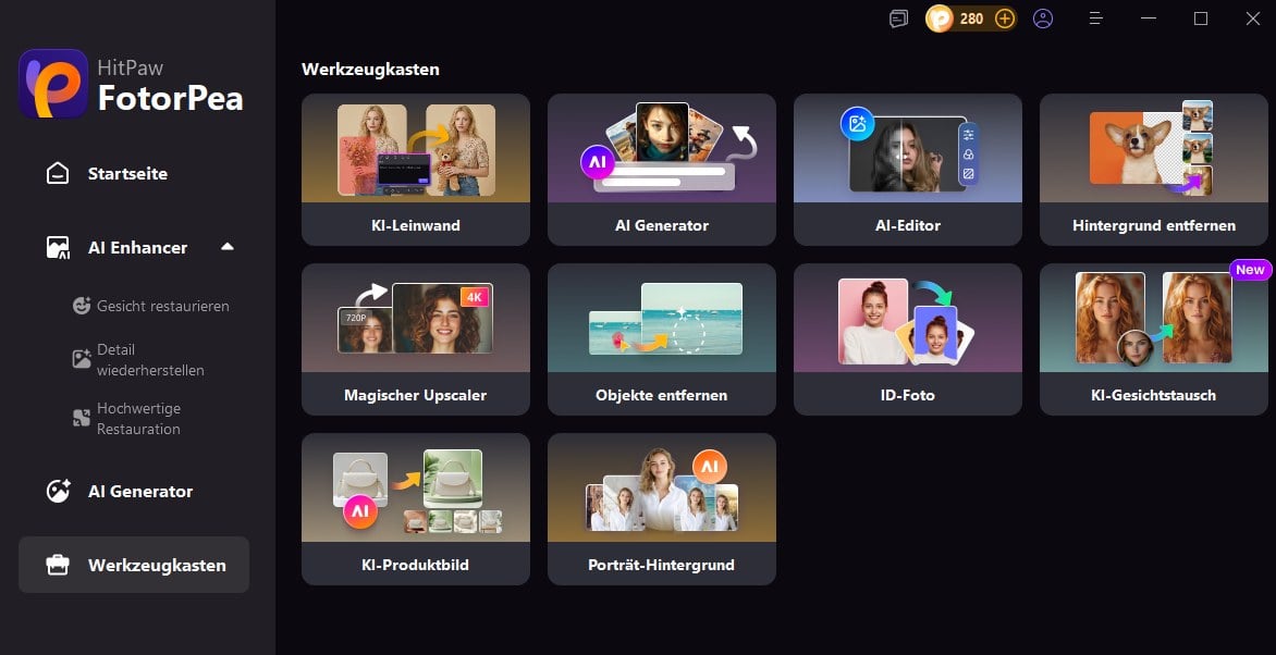 Bildschirmfoto des Werkzeugkastens von HitPaw FotorPea mit KI-Funktionen