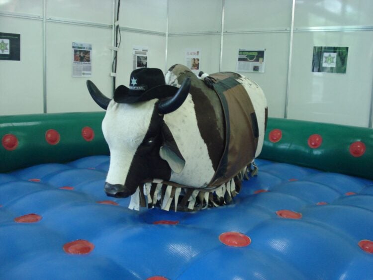 Mechanischer Rodeo-Bulle mit Cowboyhut auf einer aufblasbaren blauen Fallschutzmatte in einer Halle