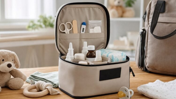 Zusammengestelltes Reise-Set mit Pflege- und Erste-Hilfe-Artikeln für Babys