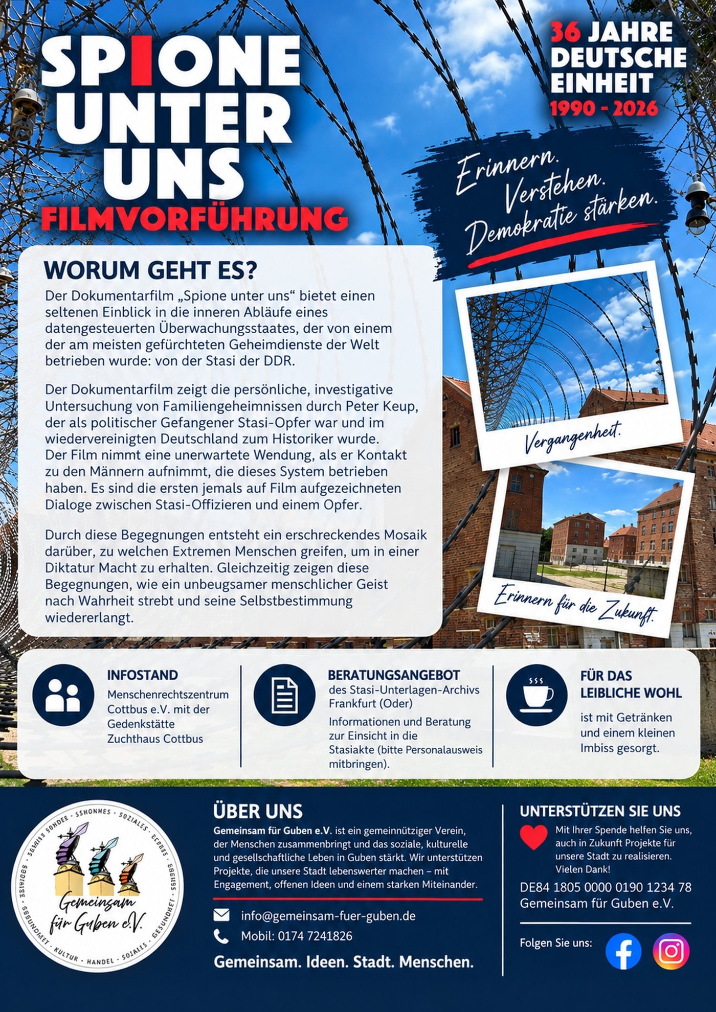Rückseite des Flyers zum Filmabend „Spione unter uns“ mit Infostand und Beratungsangebot