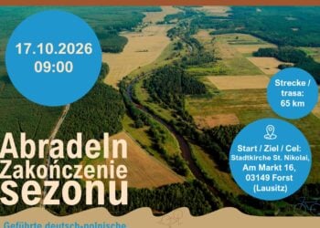 Ausschnitt aus dem Plakat zum Abradeln mit Luftbild der Neiße-Landschaft, Datum 17.10.2026 und Startort Forst