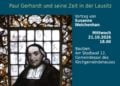 Plakat zum Vortrag Tapffre Leute soll man loben mit einem Bleiglasfenster, das Paul Gerhardt zeigt