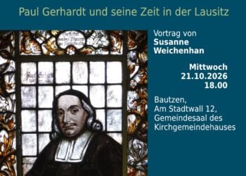 Plakat zum Vortrag Tapffre Leute soll man loben mit einem Bleiglasfenster, das Paul Gerhardt zeigt