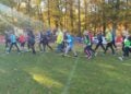 Walkerinnen und Walker mit Stöcken starten auf dem Sportplatz in Branitz, im Hintergrund Herbstbäume im Gegenlicht