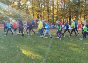 Walkerinnen und Walker mit Stöcken starten auf dem Sportplatz in Branitz, im Hintergrund Herbstbäume im Gegenlicht