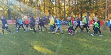 Walkerinnen und Walker mit Stöcken starten auf dem Sportplatz in Branitz, im Hintergrund Herbstbäume im Gegenlicht