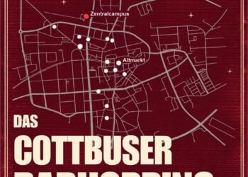 Plakat des Cottbuser Barhoppings 2026 mit Stadtplan und den teilnehmenden Bars