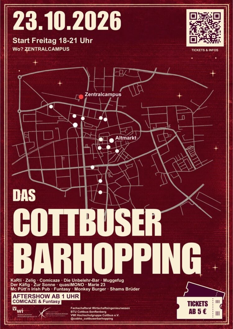 Plakat des Cottbuser Barhoppings 2026 mit Stadtplan und den teilnehmenden Bars