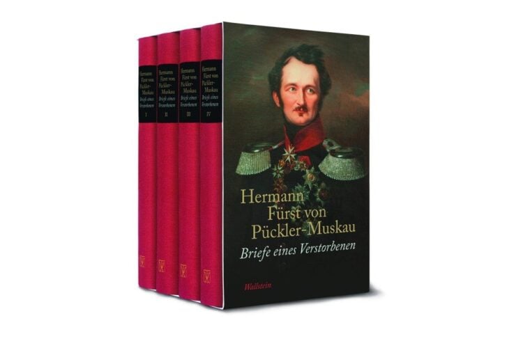 Vier rote Bände im Schuber mit einem Porträt von Hermann Fürst von Pückler-Muskau und dem Titel Briefe eines Verstorbenen