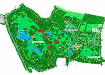 Gezeichneter Plan des Branitzer Parks mit rot markierten gesperrten und grün markierten wieder geöffneten Wegen