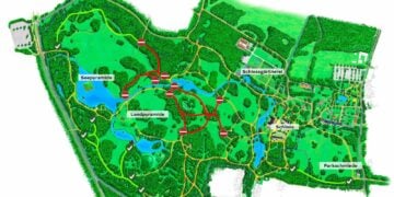 Gezeichneter Plan des Branitzer Parks mit rot markierten gesperrten und grün markierten wieder geöffneten Wegen