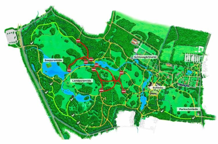 Gezeichneter Plan des Branitzer Parks mit rot markierten gesperrten und grün markierten wieder geöffneten Wegen