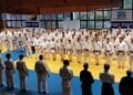 Zahlreiche Kampfsportler in weißen und schwarzen Anzügen stehen beim Europa-Seminar in einer Halle in Straßburg in Reihen