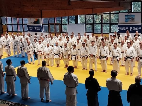 Zahlreiche Kampfsportler in weißen und schwarzen Anzügen stehen beim Europa-Seminar in einer Halle in Straßburg in Reihen