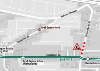 Karte der Umleitung der Buslinien 9 und 13 über die Gallinchener Straße in Groß Gaglow