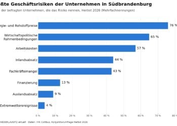 Balkengrafik der Geschäftsrisiken: Energie- und Rohstoffpreise 76 Prozent, Rahmenbedingungen 65, Arbeitskosten 57, Inlandsabsatz 44 Prozent