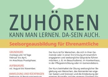 Flyer mit zwei gezeichneten Figuren auf einer Sprechblase und dem Schriftzug Zuhören kann man lernen. Da-Sein auch.