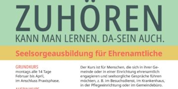 Flyer mit zwei gezeichneten Figuren auf einer Sprechblase und dem Schriftzug Zuhören kann man lernen. Da-Sein auch.