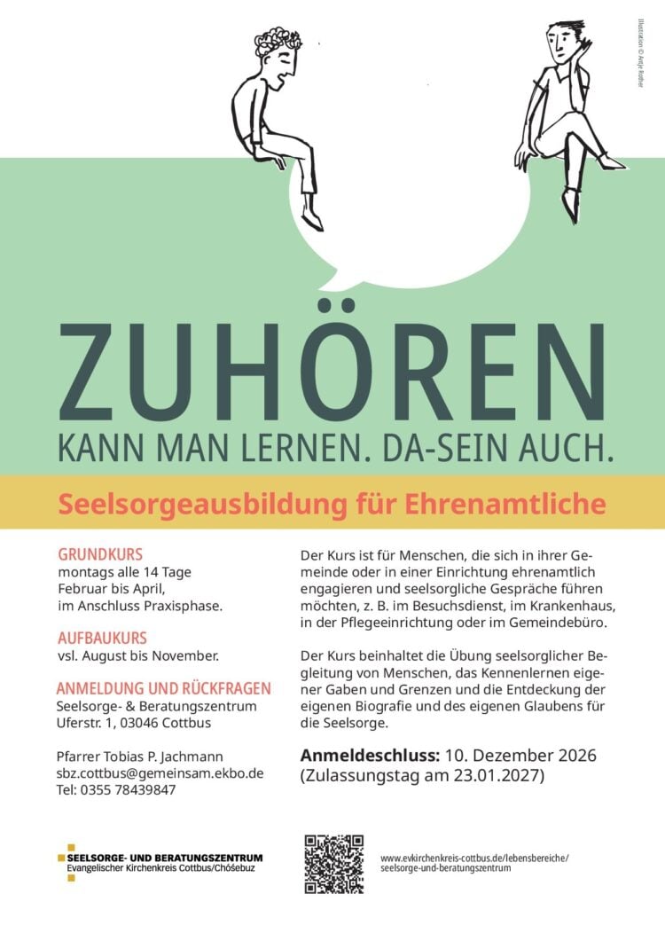 Flyer mit zwei gezeichneten Figuren auf einer Sprechblase und dem Schriftzug Zuhören kann man lernen. Da-Sein auch.