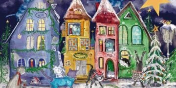 Titelblatt des Lions-Adventskalenders 2026 mit gemalten Häusern und Katzen im Schnee