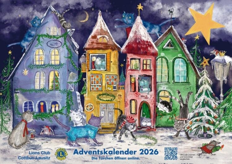 Titelblatt des Lions-Adventskalenders 2026 mit gemalten Häusern und Katzen im Schnee