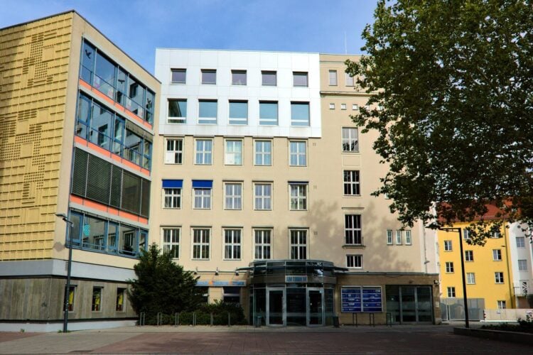 Bürogebäude Am Turm 14 in Cottbus mit Glaseingang, daneben ein Baum