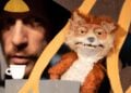 Puppenspieler im Hintergrund, im Vordergrund eine Fuchs-Handpuppe in einer Bühnenkulisse