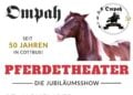Plakat der OMPAH Kunstreitertruppe mit einem Pferdekopf und dem Schriftzug Pferdetheater