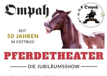 Plakat der OMPAH Kunstreitertruppe mit einem Pferdekopf und dem Schriftzug Pferdetheater