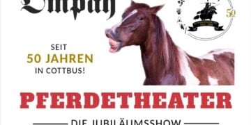Plakat der OMPAH Kunstreitertruppe mit einem Pferdekopf und dem Schriftzug Pferdetheater