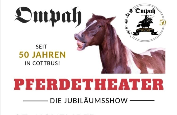 Plakat der OMPAH Kunstreitertruppe mit einem Pferdekopf und dem Schriftzug Pferdetheater