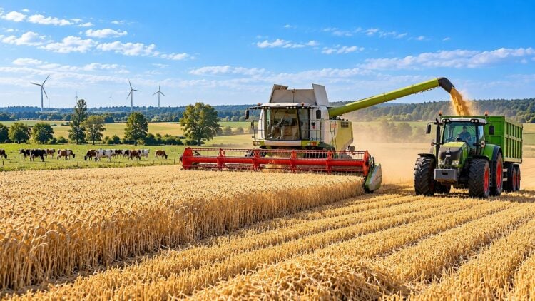 KI-generierte Illustration eines Mähdreschers bei der Getreideernte, daneben ein Traktor mit Anhänger