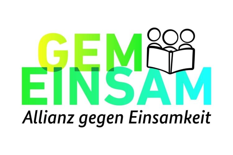 Logo mit dem Schriftzug Gemeinsam, Allianz gegen Einsamkeit, und drei lesenden Figuren hinter einem Buch