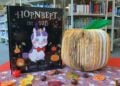 Bilderbuch Hornbert ist süß neben einem aus Buchseiten gefalteten Kürbis vor Bücherregalen