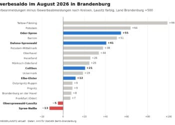 Balkengrafik zum Gewerbesaldo im August 2026 in den 18 Brandenburger Kreisen, Spree-Neiße mit minus 13 und Oberspreewald-Lausitz mit minus 5 als einzige im Minus