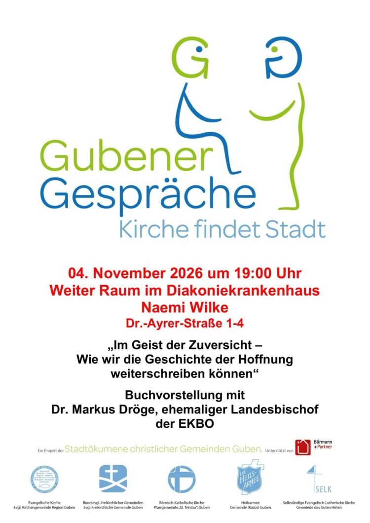 Plakat der Gubener Gespräche mit Logo und Ankündigung der Buchvorstellung von Markus Dröge