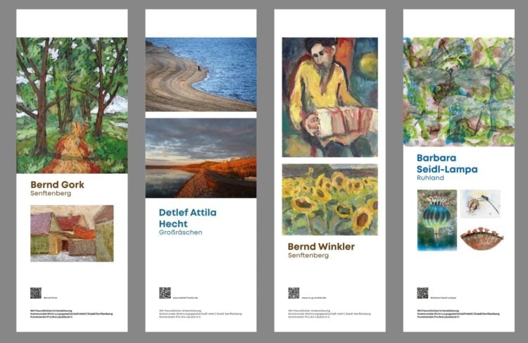 Vier Ausstellungsbanner mit Kunstwerken und den Namen Bernd Gork, Detlef Attila Hecht, Bernd Winkler und Barbara Seidl-Lampa
