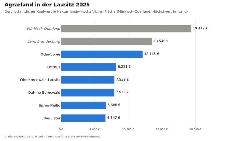 Balkengrafik zum durchschnittlichen Kaufwert landwirtschaftlicher Flächen 2025 je Hektar in Oder-Spree, Cottbus, Oberspreewald-Lausitz, Dahme-Spreewald, Spree-Neiße und Elbe-Elster im Vergleich zu Märkisch-Oderland und dem Land Brandenburg