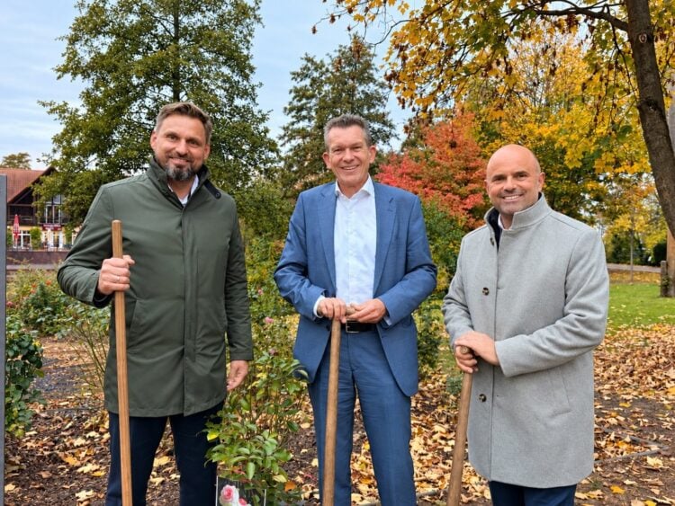 Drei Männer mit Spaten stehen im Herbstlaub hinter einem frisch gepflanzten Rosenstrauch