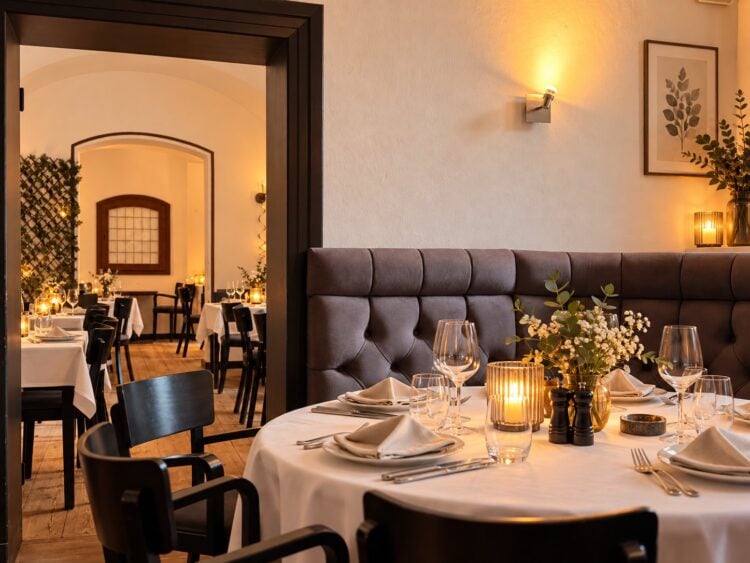 KI-bearbeitetes Bild eines gedeckten Restaurant-Gastraums mit Kerzen, Weingläsern und Polsterbank